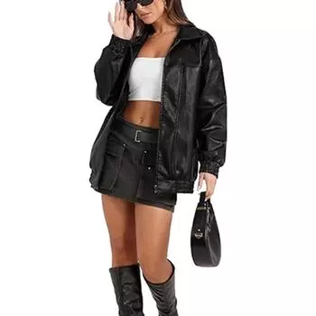 Женская однотонная повседневная кожаная куртка с длинными рукавами, лацканами, молниями по бокам и карманами L чёрный