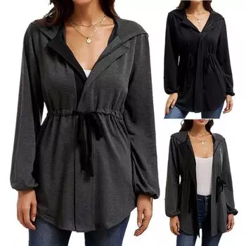 Женская однотонная повседневная куртка с застежкой-молнией на талии и рукавами-фонариками, свободная куртка-кардиган с капюшоном S серый