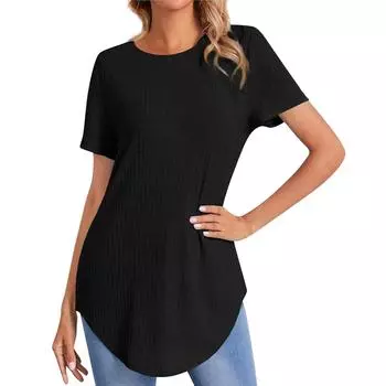 Женская однотонная повседневная однобортная свободная футболка с коротким рукавом и длинным рукавом L чёрный