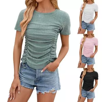 Женская однотонная повседневная плиссированная футболка с круглым вырезом L чёрный