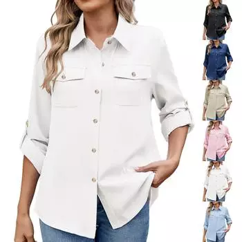 Женская однотонная повседневная рубашка с длинными рукавами и регулируемым кроем L бежевый