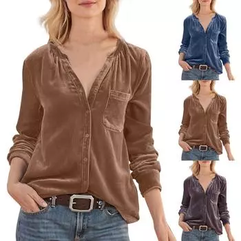 Женская однотонная повседневная рубашка с длинными рукавами цвета канареек с карманами L синий