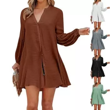 Женская однотонная повседневная свободная футболка-кардиган с длинными рукавами и пуговицами L чёрный