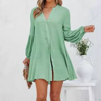 Женская однотонная повседневная свободная футболка-кардиган с длинными рукавами и пуговицами XL зелёный