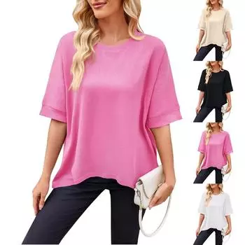 Женская однотонная повседневная свободная футболка с круглым вырезом и коротким рукавом L бежевый