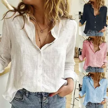 Женская однотонная повседневная свободная льняная рубашка с длинными рукавами 4XL