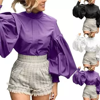 Женская однотонная повседневная свободная плиссированная рубашка с длинным рукавом и воротником-стойкой M чёрный