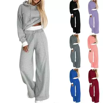 Женская однотонная повседневная толстовка с длинным рукавом и капюшоном, спортивный комплект с широкими брюками L чёрный