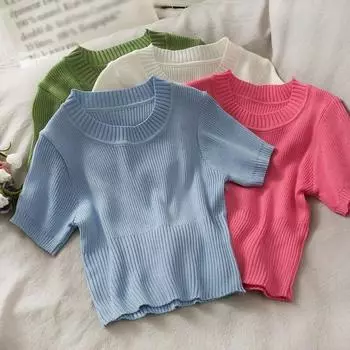 Женская однотонная повседневная тонкая трикотажная футболка с коротким рукавом и круглым вырезом