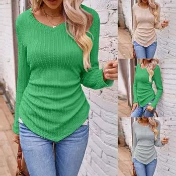 Женская однотонная приталенная повседневная футболка с длинным рукавом, свободная базовая футболка, блузка, топ