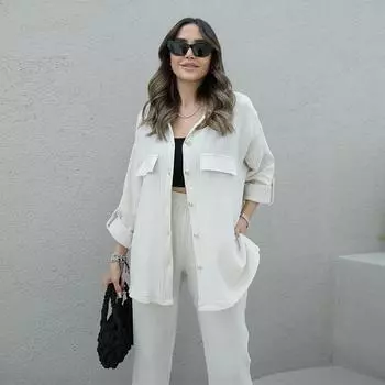 Женская однотонная простая свободная рубашка с длинным рукавом и брюками с высокой талией, повседневный костюм XL белый