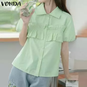 Женская однотонная прямая свободная блузка VONDA с пышным фонариком и короткими рукавами и рюшами
