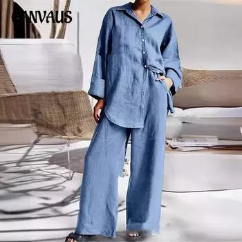 Женская однотонная рубашка больших размеров на весну и осень, свободные брюки с карманами, костюм