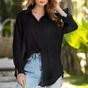 Женская однотонная рубашка на пуговицах с длинными рукавами и карманами One Size чёрный