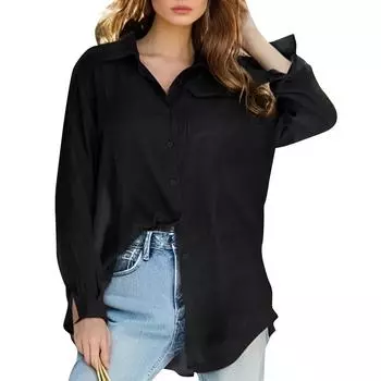 Женская однотонная рубашка на пуговицах с длинными рукавами и карманами One Size чёрный