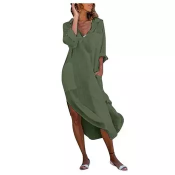 Женская однотонная рубашка на пуговицах, свободная, дышащая, повседневная, платье из хлопка и льна L