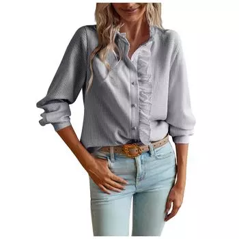 Женская однотонная рубашка с длинным рукавом и круглым воротником в полоску на пуговицах и рюшами L чёрный