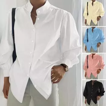 Женская однотонная рубашка с длинным рукавом и высоким воротником, удобная для работы в офисе XXL чёрный