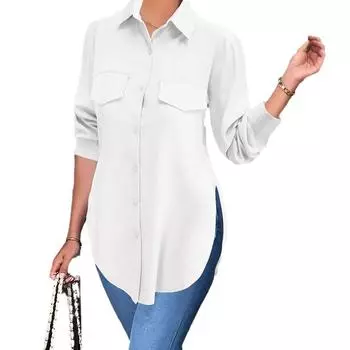 Женская однотонная рубашка с длинным рукавом, лацканами и неровным подолом, облегающая 4XL чёрный