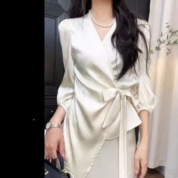 Женская однотонная рубашка с длинным рукавом, со шнуровкой, с поясом на талии, элегантная женская блузка для поездок на работу one size белый