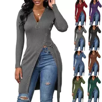 Женская однотонная рубашка с длинным рукавом, застежкой-молнией, V-образным вырезом, высоким разрезом и длинной резинкой L армия зеленый