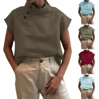 Женская однотонная рубашка с короткими рукавами и открытыми пуговицами, повседневный топ с воротником-стойкой L