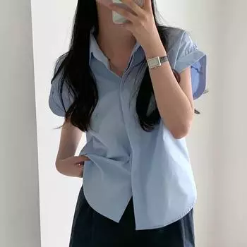 Женская однотонная рубашка с простыми лацканами и короткими рукавами XL белый