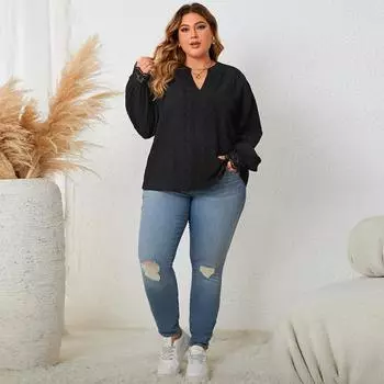 Женская однотонная рубашка с v-образным вырезом и длинным рукавом, кружевная вязка, свободная повседневная пуловерная рубашка с цветочным принтом, мягкая дышащая, удобная легкая модная рубашка плюс XL чёрный