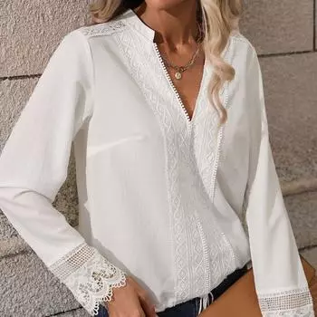 Женская однотонная рубашка с v-образным вырезом, кружевная свободная повседневная рубашка с длинным рукавом и шнурком, элегантная тонкая дышащая удобная модная пуловер для поездок на работу, милый топ S белый