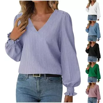 Женская однотонная рубашка с V-образным вырезом и длинными рукавами, осенние топы L чёрный