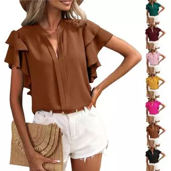 Женская однотонная рубашка с V-образным вырезом и двухслойными рукавами L чёрный