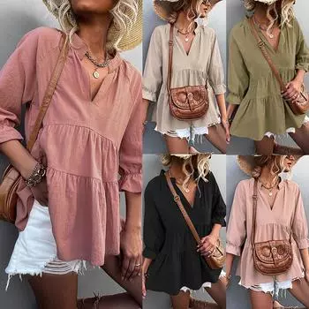 Женская однотонная рубашка с V-образным вырезом и рукавами три четверти, свободная, свободного покроя, с широкими рукавами M чёрный