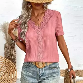 Женская однотонная рубашка с жаккардовым вырезом и v-образным вырезом и кружевными рукавами с короткими рукавами S розовый