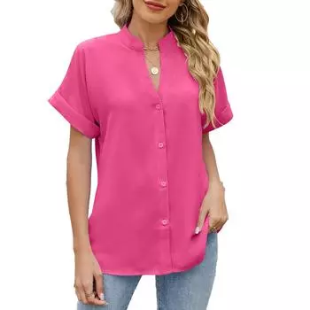 Женская однотонная рубашка свободного кроя с V-образным вырезом и короткими рукавами, застегивающаяся на пуговицы, шифоновая блузка весна/лето S чёрный