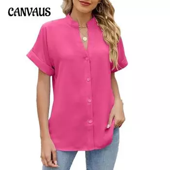 Женская однотонная рубашка свободного кроя с V-образным вырезом и короткими рукавами, застегивающаяся на пуговицы, шифоновая блузка весна/лето S чёрный