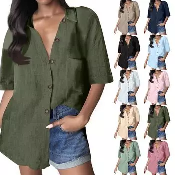 Женская однотонная рубашка свободного покроя из хлопка и льна с коротким рукавом и застежкой на пуговицы, с карманом L армия зеленый