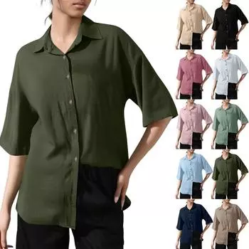 Женская однотонная рубашка свободного покроя из хлопка и льна с коротким рукавом и застежкой на пуговицы, с карманом L армия зеленый