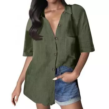 Женская однотонная рубашка свободного покроя из хлопка и льна с коротким рукавом и застежкой на пуговицы, с карманом S бежевый