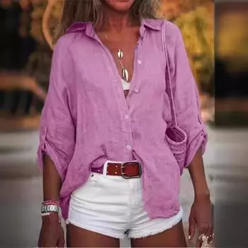 Женская однотонная рубашка свободного типа с семиминутными рукавами из Европы и США из хлопка и льна S розовый