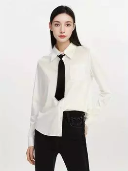 Женская однотонная рубашка, весенне-осенняя универсальная женская блузка JK в консервативном стиле, свободная повседневная блузка с длинными рукавами и низ... S белый