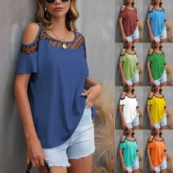 Женская однотонная сетчатая футболка в горошек с открытыми плечами и круглым вырезом, свободная футболка с короткими рукавами для женщин