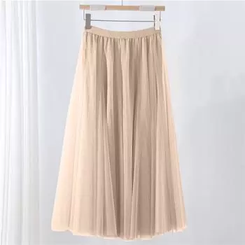 Женская однотонная сетчатая юбка с резинкой, большая юбка средней длины 75 бежевый
