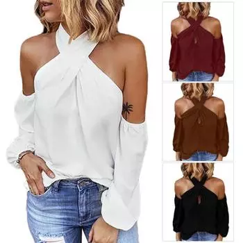 Женская однотонная сексуальная блузка с длинным рукавом и открытыми плечами на молнии сзади XXL кофейный