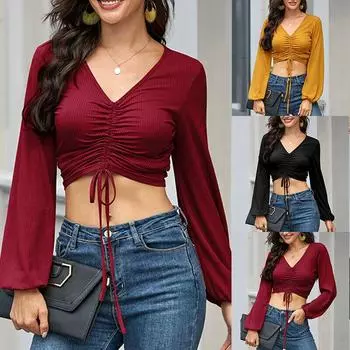 Женская однотонная сексуальная повседневная блузка с v-образным вырезом на шнуровке, блузка с длинным рукавом, футболка, укороченные топы S чёрный