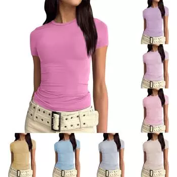 Женская однотонная сексуальная симпатичная футболка с коротким рукавом, облегающая облегающая футболка с укороченным топом L