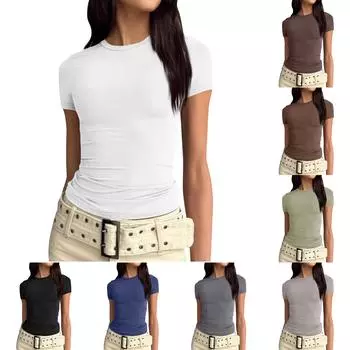 Женская однотонная сексуальная симпатичная футболка с коротким рукавом, облегающая облегающая футболка с укороченным топом