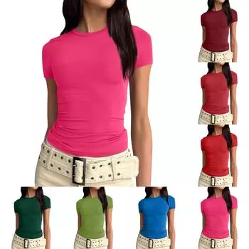 Женская однотонная сексуальная симпатичная футболка с коротким рукавом, облегающая облегающая футболка с укороченным топом