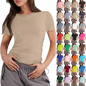 Женская однотонная сексуальная симпатичная футболка с коротким рукавом, облегающая облегающая футболка с укороченным топом