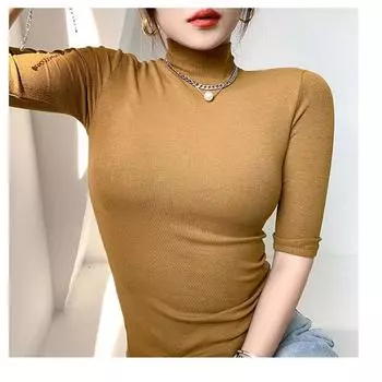 Женская однотонная сексуальная симпатичная футболка с коротким рукавом и тонким высоким воротником S синий