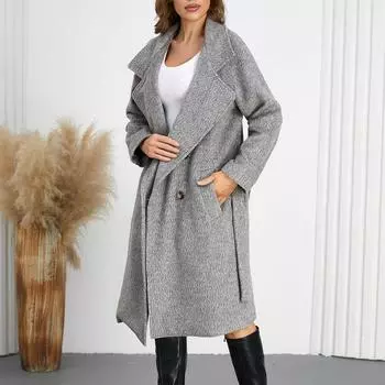 Женская однотонная шерстяная куртка средней длины с поясом L